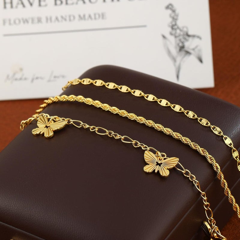 MFRYK Gold Ankle Bracelets for women,14k Gold/Silver Plated Waterproof Layered lightweight Cuban Link Figaro Chain Heart anklet butterfly anklet Pearl Ankle Bracelets Set Gold Anklets for women Trendy Jewelry Gift for Women - Image 5